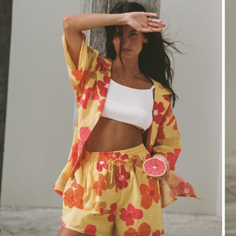 Sabo Skirt Yellow Floral Button-Up Shirt and Shorts Set